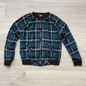 Peyton Jensen Plaid Jacket Womens Xs Green Blue Long Sleeve Zipper Coat